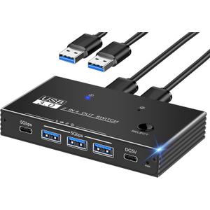 USB 3.0 Switcher 2 Computers Sharing USB C & A Devices, 4 Port Sharing Keyboard and Mouse, Scanner/Printer with 2 USB-A to A Cables