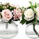 Round Glass Vases Set of 2, Flower Vases for Bouquet, Ribbed Glass Vase for Flowers, Small Clear Vase for Living Room, Office, Coffee Table, Shelf, Wedding