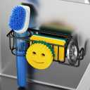 Sponge Holder Smiley Face, Sink Caddy for Kitchen Sink, 4-in-1 Sponge Holder with 2 PCS Suction Cups/1 PCS Adhesive Hook, Designed for Sponge, Soap, Dish Brush, Scrubber-Black