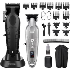 KEMEI Hair Clippers for Men, Professional Clipper and Trimmers Set, Cordless Zero Gap Trimmer for Men with LED Display, 11 Guide Combs (2293silvery+2296)
