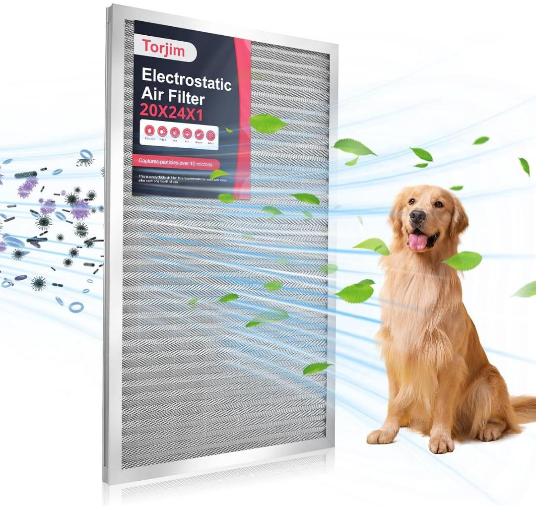 Torjim 20x24x1 Air Filter-MERV8, Washable & Reusable AC/HVAC Permanent Electrostatic Furnace Filters, Breathe Fresher, Easy Install