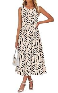 MISFAY Women Summer Maxi Dress Beach Vacation Sundress Sleeveless Button Casual Loose Shirt Dresses 2026 Hawaiian Outfits(Apricot Black Leaf, S)