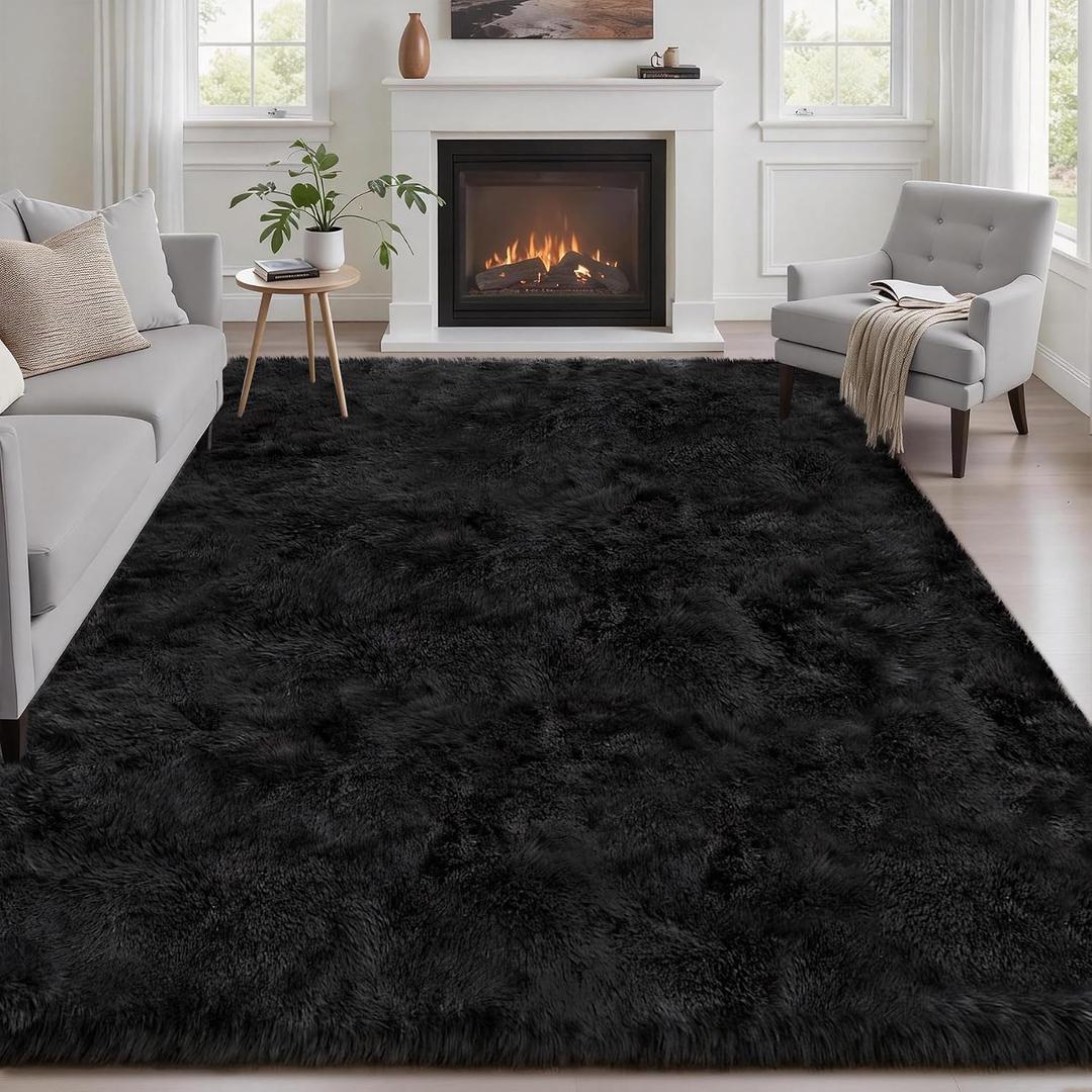 6x9 Area Rugs for Living Room Bedroom: Ultra Soft Fluffy Shag Rug Upgrade Non-Slip Non-Shedding Large Fuzzy Plush Carpet Indoor Floor Carpets for Kids Room Playroom Nursery Dorms Home Decor Black, Black, 6' x 9' (Rectangular)
