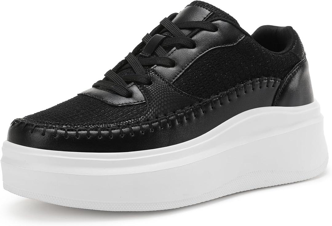 Women's Platform Fashion Shoes Classic Tennis Shoes Casual Walking Sneakers (9, Black)