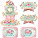 Zopeal 5 Pcs Floral Tea Cupcake Stand Party Decorations 3 Tier Tea Theme Cupcake Holder 2 Tea Birthday Cake Holder 2 Flower Teapot Cake Serving Tray for Tea Party Birthday Baby Shower Wedding Supplies