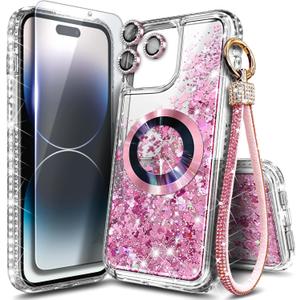 NGB Designed for iPhone 14 Plus Case, Rose Gold | Magnetic Compatible with MagSafe | Glitter Liquid Sparkle Cute Cover for Women Girls | with Screen Protector & Camera Lens Protector & Wrist Strap