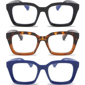 DXYXYO Blue Light Blocking Reading Glasses for Women 1.5 Oversized Computer Readers Retro Fashion Oprah Style Square 3 Pack (Black+leopar+blue)