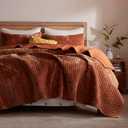 LEAONME Velvet Quilt Set Full/Queen Size 90''x98'', Lightweight Burnt Orange Velvet Comforter Set with 2 Matching Shams, Soft Cross Stitch Bedspread Coverlet Bedding Set for All Season