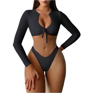 GORGLITTER Women's Crop Long Sleeve Bikini Set High Cut Swimsuit Knot Front Bathing Suit (Large, Black)