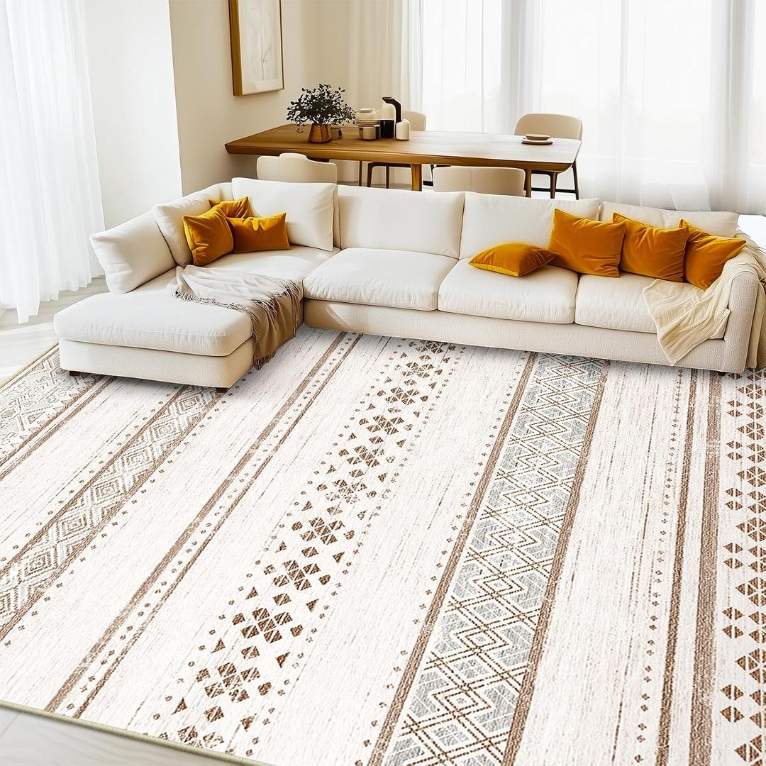 BESTSWEETIE 8x10 Area Rugs for Living Room Washable Moroccan Farmhouse Neutral Geometric Low Pile Non-Slip Soft Print Pattern Rug for Bedroom Kitchen Dining Room Entryway Cream/Brown/Pink