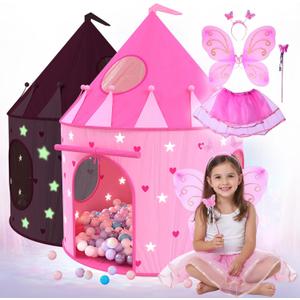 Playz Princess Castle Pop Up Tent & Dress Up Set  Kids Pink Playhouse Tent for Girls with Glow in The Dark Stars, Foldable Indoor Outdoor Toddler or Baby Girl Tent with Carrying Case