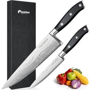 2PCS Chef Knife Set, Razor Sharp Japanese Kitchen Knife Set, High Carbon Steel Damascus Pattern Chef's knives, Cooking Knife with Full Tang Handle Design for Home Kitchen