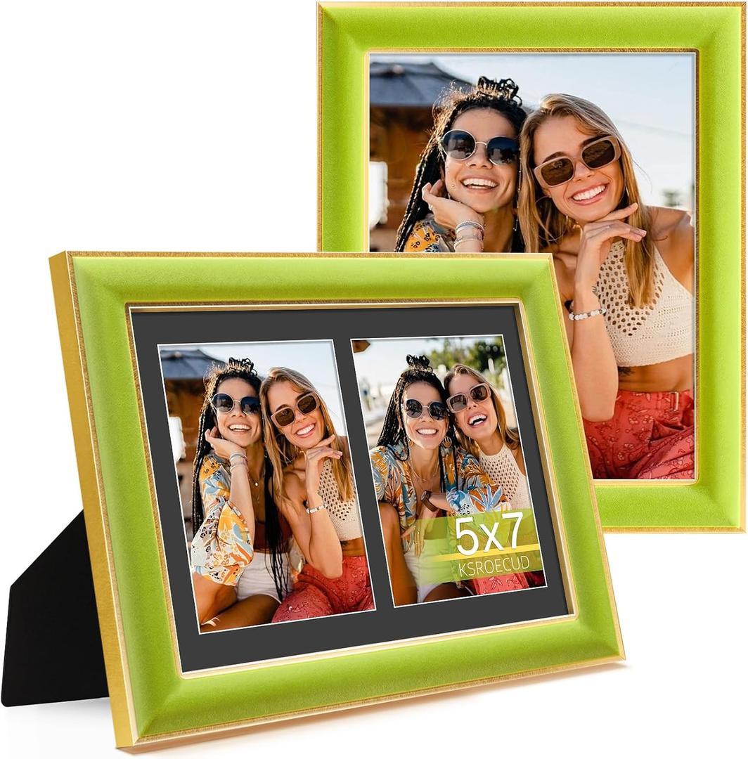 8.5x11 Velvet Picture Frame with 2 Openings 5x7 Pictures, HD Real Glass Light Green Velvet Photo Frame with Black White Border Mat, Gold Border Horizontal & Vertical Display for Tabletop or Wall Decor (2 Pack)