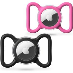Waterproof Airtag Dog Collar Holder, Silicone & ABS Airtag Holder for Dog & Cat Collars, Ultra-Durable, Lightweight and Protective Airtag Case (Black & Rose, Large)