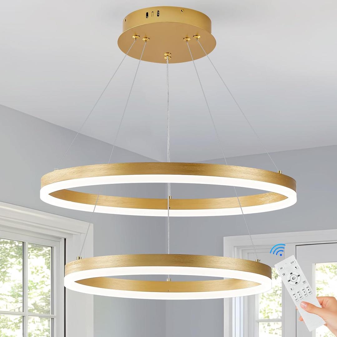 Modern LED Chandelier Gold 2-Rings Pendant Light Circular Flush Mount Ceiling Chandelier Lighting with Remote Control for Bedroom Living Room Dining Room Entrance, 3000K-6500K