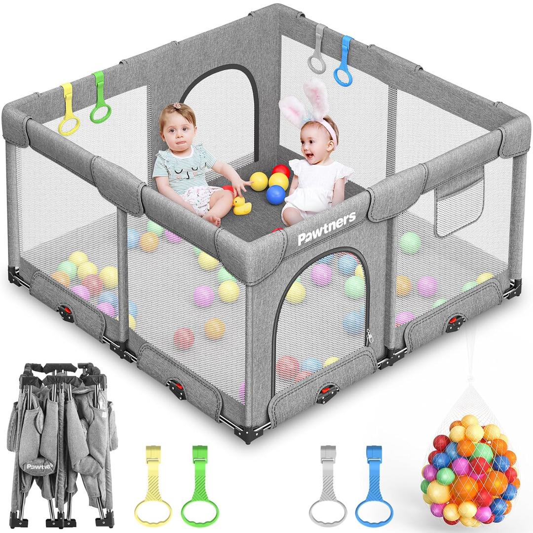 Foldable Playpen for Babies and Toddlers: 50" L x 50" W x 27" H, Large Kids Play Yard With Mat, Portable Indoor Play Area, Baby Gate With 50PCS Ocean Ball, 4 Handles