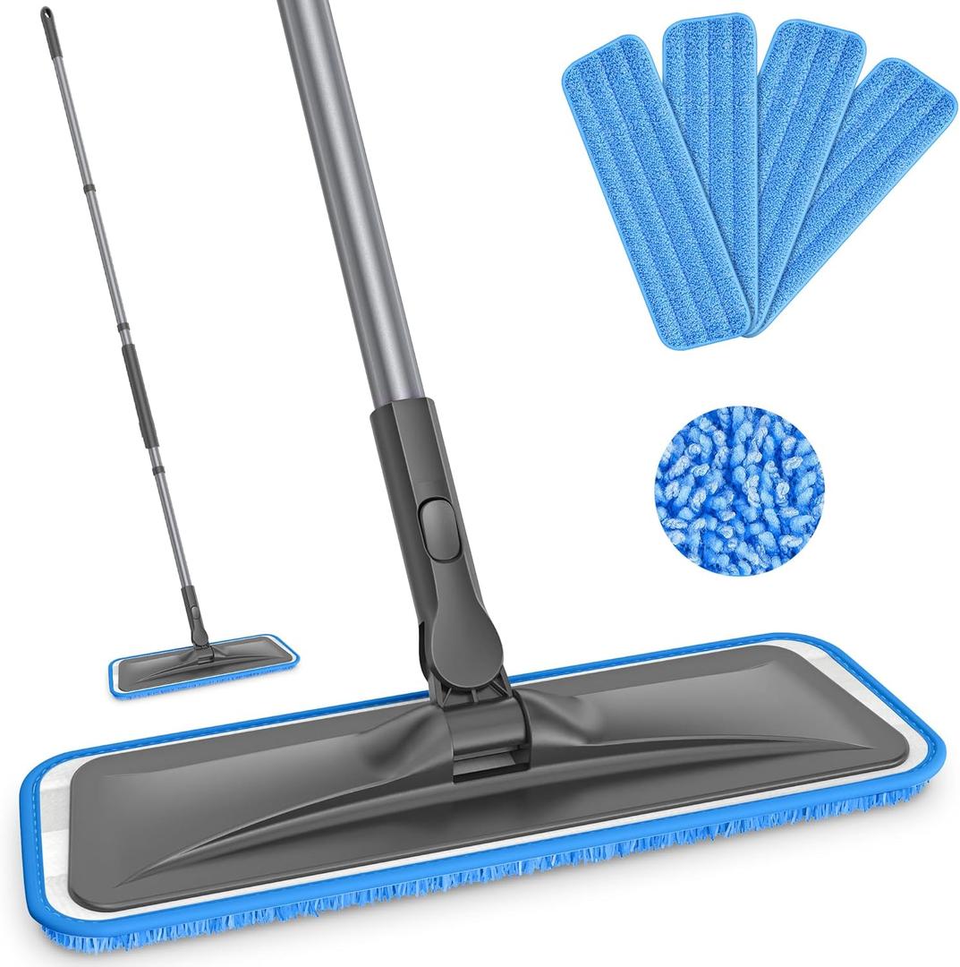 Microfiber Mops for Hardwood Floor Cleaning - BPAWA Flat Floor Mop with 4 Washable Pads for Laminate Wood Tile Vinyl Home Kitchen Bathroom - 59" Adjustable Handle (Gray)