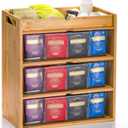 3 Tier Bamboo Tea Bag Storage Organizer, 14" x 11" x 6.5" Vertical Tea Packet Rack with Drawer, Store Over 180 Tea Bags Wood Tea Station with Acrylic Partition for Countertop Office Kitchen