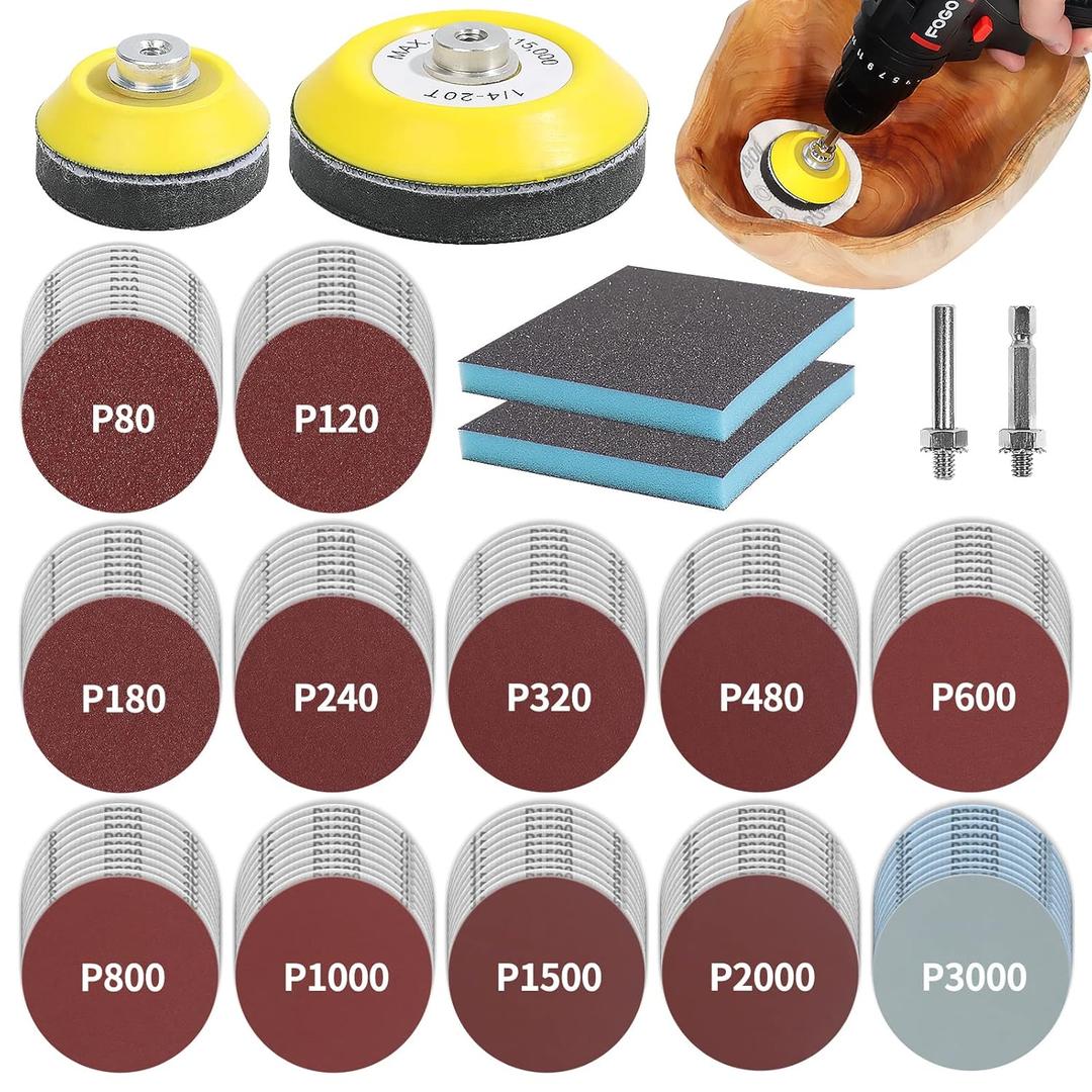 120pcs 3inch Sanding Discs with 2 & 3inch Backer Pads and Sanding Sponge Sander for Drill Grinder Rotary Tools Attachment with 1/4" Shanks, SandingPads 80-3000 Grit
