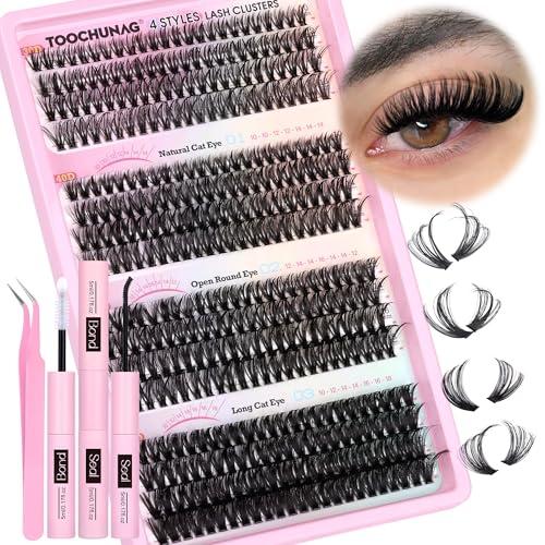 TOOCHUNAG Lash Extension Kit 384pcs Wispy Lash Clusters Kit 30D+40D+50D+60D Mixed Natural Cluster Eyelash Extension Kit 0.05D Individual Lashes with Lash Bond and Seal, Lash Tweezers