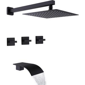 3 Handles Tub Shower Faucet,Shower Faucet Set with Waterfall Tub Spout,Shower Trim Kit with Valve,Wall Mounted,Matte Black
