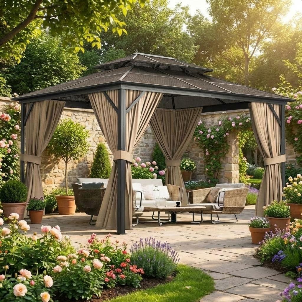 13'X10' Hardtop Gazebo, All-Weather Aluminum Frame Outdoor Canopy with Double Polycarbonate Roof, Permanent Outdoor Gazebo with Netting & Curtains for Garden, Lawns, Patio, Grey.