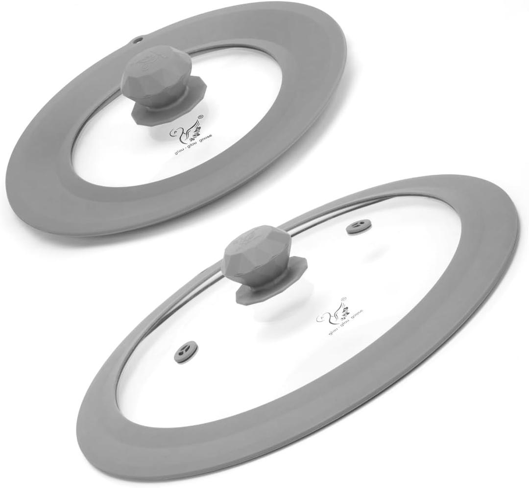 Set of 2 Vented Tempered Glass Universal Lid for Pot Pan Skillet with Heat Resistant Silicone Microwave Splatter Cover Microwave Safe Fit 6.5" 7" 7.5" and 11.5" 12" 12.5", Light Grey