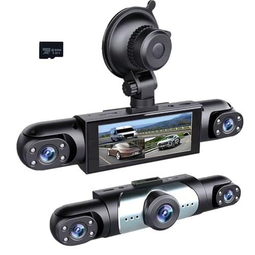 4 Channel Dash Cam 360° View, 1080P Front and Rear Inside, Left Right Dash Camera for Cars, Night Vision, WiFi & APP Control, G-Sensor, Loop Recording with 64GB SD Card (3 Channel DashCam+64G)
