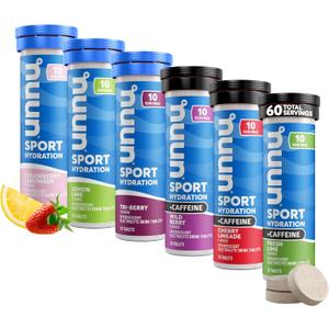 Nuun Sport + Caffeine Electrolyte Tablets Dissolvable in Water, Variety Pack | 5 Essential Electrolytes for Hydration | 1g Sugar Drink Mix | Vegan, Non-GMO | 6 Pack (60 Total Servings) (EXP 09/30/26)