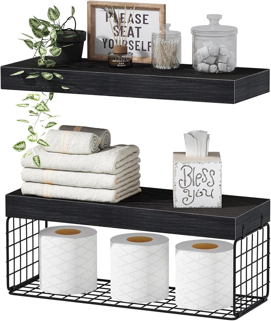 QEEIG Bathroom Shelves Over Toilet - Wall Mounted Floating Shelves Toilet Paper Storage Small Farmhouse Decor Shelf 16 inch Set of 2, Black (019-B2)