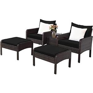 2PCS Patio Rattan Wicker Furniture Set Sofa Ottoman Coffee Table Cushioned Black, Model HW71908-22