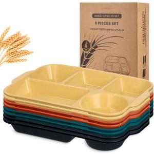 Pinkunn 8 Pcs 13'' Large Divided Plates Unbreakable Wheat Straw Dinnerware Lunch Trays Lightweight Reusable Plastic Compartment Microwave Dishwasher Safe Separator Plates(Bright)
