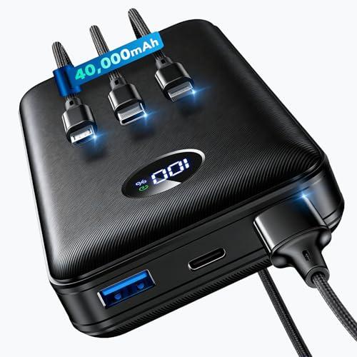 Portable Charger Power Bank - 40,000mAh Battery Pack, 22.5W Fast Charging Phone Charger Attached USB-C/iOS/Micro-USB Cable, Powerbank for iPhone 17 16 15 14 13 Samsung, for Travel Camping Essentials
