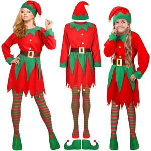 Newcotte Christmas Elf Costume Set Kids Women Costume Suit Hat Dress Stocking Shoe Belt Xmas (Large, Classic Color)