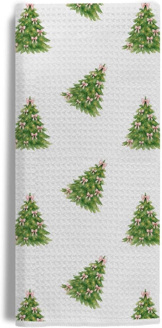 Green Christmas Tree Kitchen Towels, Coquette Pink Bow Christmas Dish Tea Towel for Kitchen, Preppy Girly Xmas Tree Decorative Hand Towels for Bathroom, 16x24 Inches
