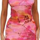 Goafuliy Two Piece Skirt Set for Women Summer Asymmetrical Mesh Strapless Tube Tops Mini Skirt Set Going Out Outfits (Large, Pink Orange)