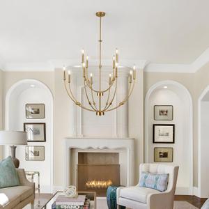 Modern Gold Chandelier, 12- Light Large Chandelier for High Ceilings, 35 inch 2-Tier Candle Style Rustic Hanging Light Fixture for Living Room Foyer Entryway