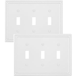 2-Pack Triple Toggle Light Switch Cover Plate, Pearls Decorative Switch Plate Covers, Pure White 3 Gang Metal Wall Plate, Corrosion Resistant