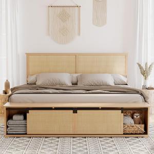 GarveeHome Natural Rattan Full Size Bed Frame with Sliding Barn Door Storage Cabinets, LED Light Headboard, Boho Farmhouse Wood Platform Bed with Solid Wood Legs Support, No Box Spring Needed
