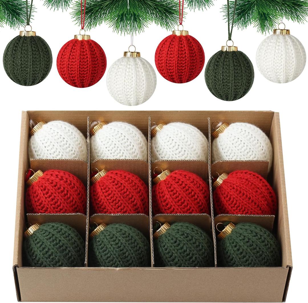 12 Pack Crochet Christmas Ball Ornaments Christmas Knitted Tree decorr - Earthy Tones & Festive Colors for Xmas Tree Decorating (Vintage Christmas Set, 2.36inch)