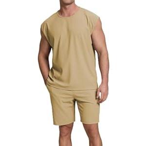 Cakulo Mens Summer 2 Piece Outfits Sleeveless Muscle Tank Tops Athletic Casual Beach Shirts and Shorts Set Apricot XL
