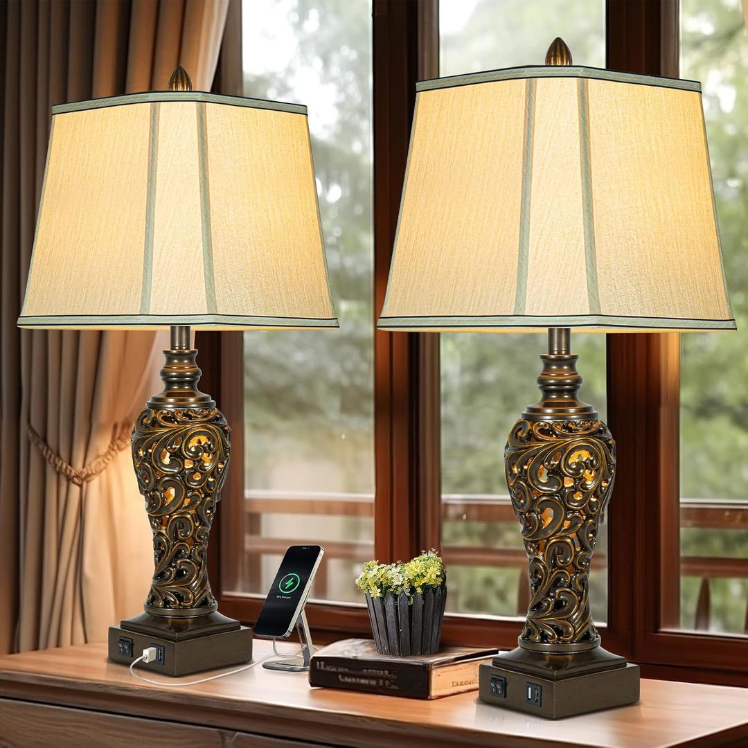 28.5" high Vintage Brown Table Lamps Set of 2 - Bedside Lamp with Faux Silk Shades - for Bedroom and Living Room with USB and Nightlight - Perfect for Nightstands and Bedrooms (Bulb Included)