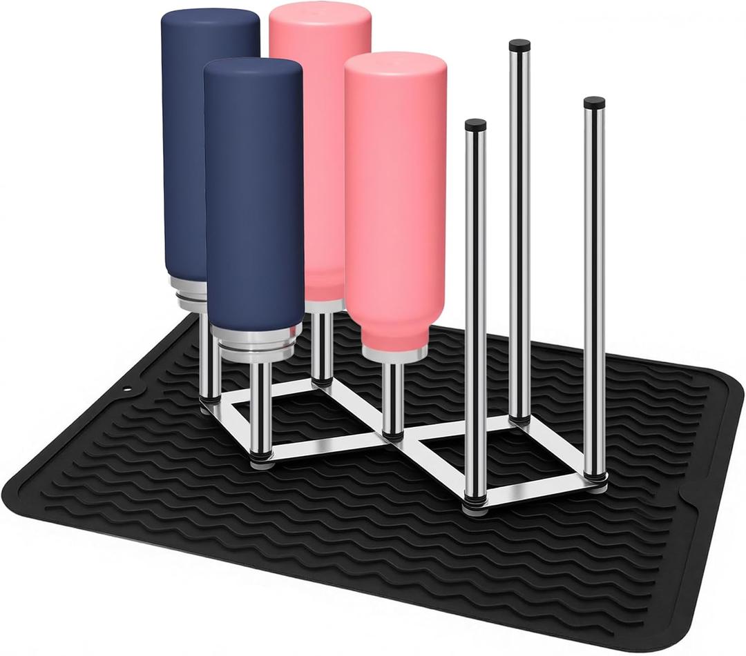 Stainless Steel Bottle Drying Rack with Non-Slip Silicone Mat Foldable Water Bottles Dryer Stand for Cups, Tumblers, Glasses & Baby Bottles, Space-Saving Countertop Bottle Rack Organizer
