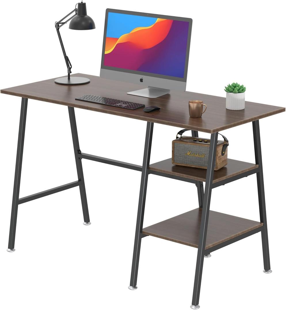 VECELO 43 Inch Computer Desk Writing Study Work Office Table Modern Desk with Shelves Wooden Desk for Home Bedroom, Brown Desk