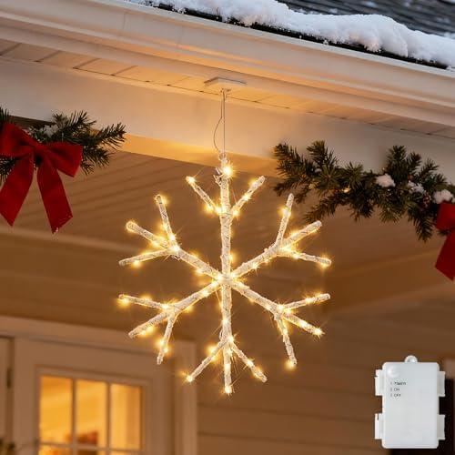 Hairui White Snowflake Lights Battery Operated with Timer 70 LED Fairy Lights 14IN for Window Christmas Decoration,Pack of 2