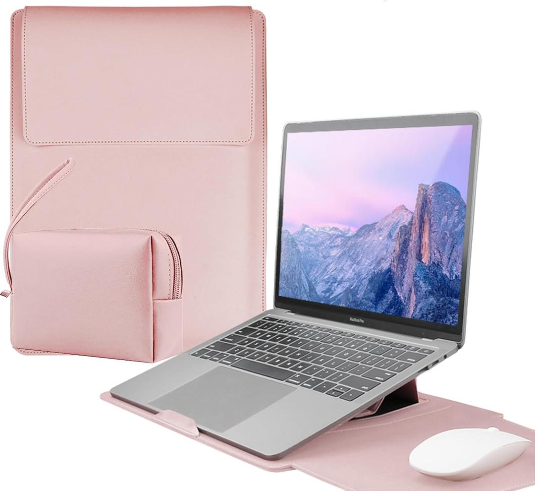 4-in-1 Laptop Sleeve with Stand and Mouse Pad, Faux Leather Protective Case with Accessory Pouch for 15-16 Inch Laptops, Pink