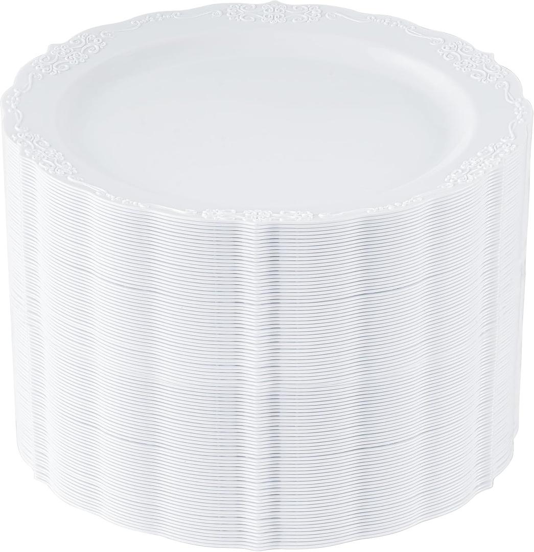 Upassion 100 Pieces White Plastic Plates - 10.25 inch White Dinner Disposable Plates - Premium Hard Disposable Dinner Plates - Party Supplies for Birthdays, Celebrations, Wedding and Events