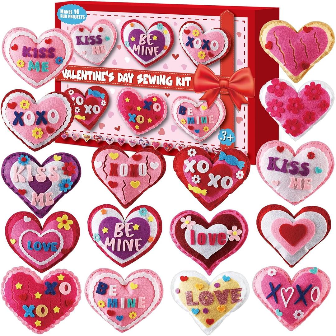 16 Sets Valentine's Day DIY Sewing Kit Heart Craft Kit Valentines DIY Stuffed Sewing Set for Beginners Heart Educational Gift Set for Kids Valentines Felt Ornaments Decoration for Boys and Girls