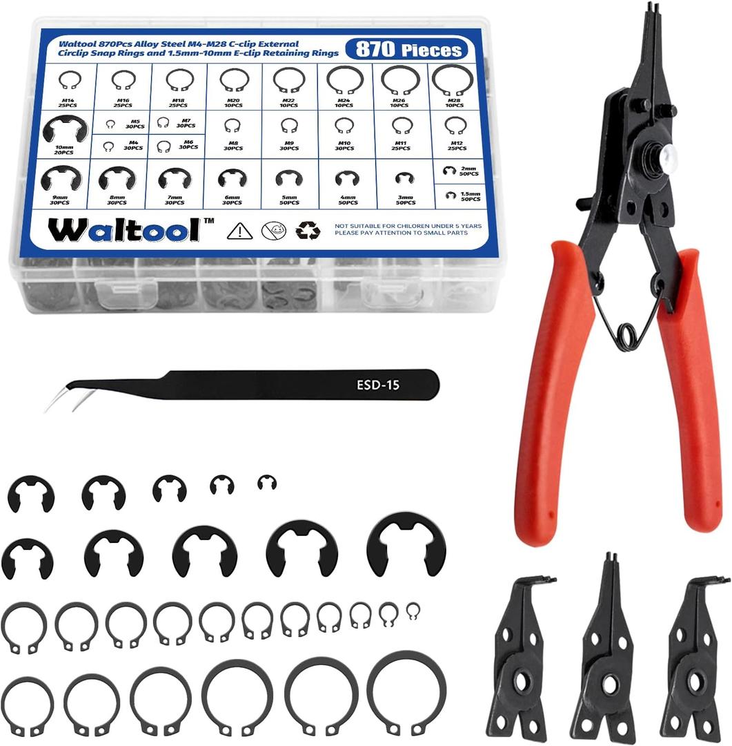 870Pcs Alloy Steel M4-M28 C-Clip External Circlip Snap Rings and 1.5mm-10mm E-Clip Retaining Rings with Snap Ring Pliers for Automobiles Motorcycle Lawnmowers Electrical Appliances
