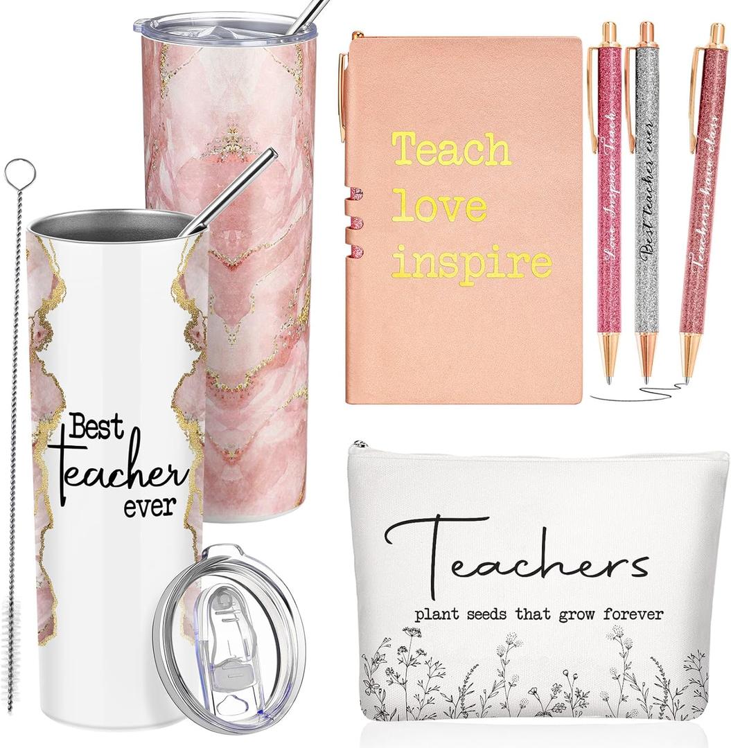 Domensi 6 Pcs Teacher Appreciation Gift Set for Women Staff 20 oz Marble Sign Tumbler Inspirational Ballpoint Pen Notebooks with Makeup Bag Teacher Thank You Gifts(Rose Pink)